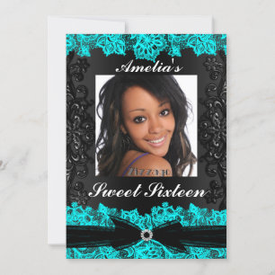Convites Bonito Teal & Black Lace Foto Sweet 16 Invite