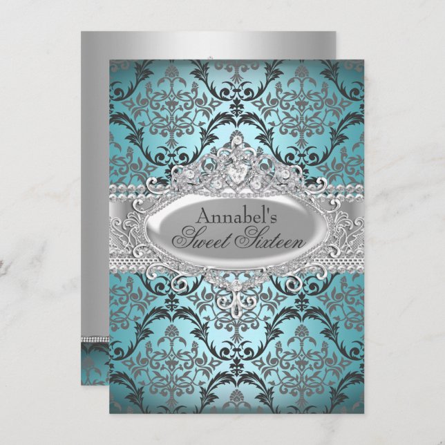 Convites Bonito Teal & Silver Damask Sweet 16 Invite (Frente/Verso)