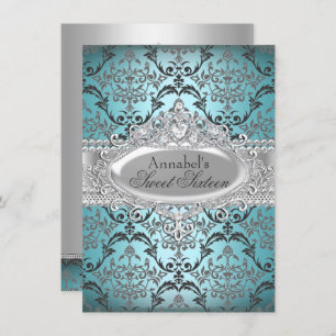 Convites Bonito Teal & Silver Damask Sweet 16 Invite