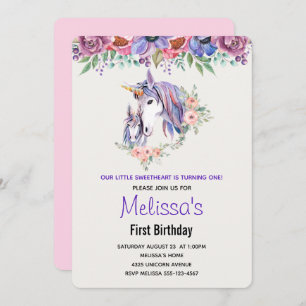 Convites Bonito Unicorn Mãe e Bebê Aniversário de Aquarela