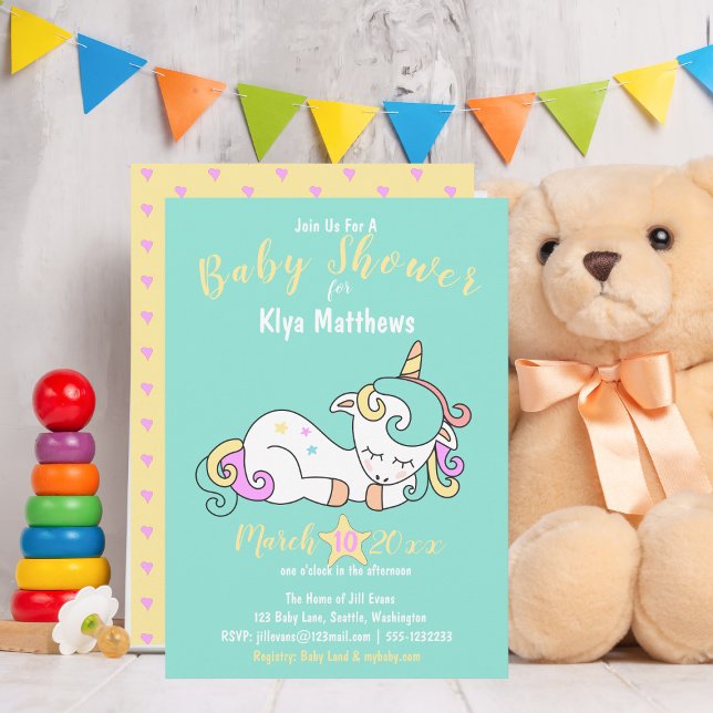 Convites Bonito Unicórnio Bebê, Chá de fraldas Colorido (Cute Baby Unicorn - Baby Shower Invitation)
