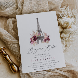 Convites Bonjour Bébé Borgonha Floral Paris Chás de Bebê