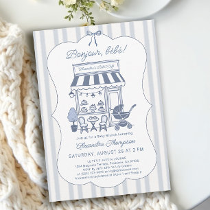 Convites Bonjour Bebe Café Brunch Dusty Blue Chá de Bebê
