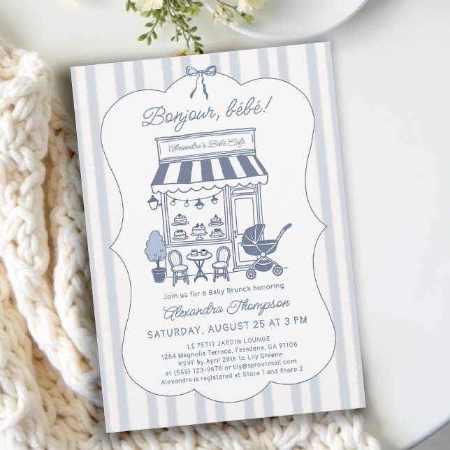 Convites Bonjour Bebe Café Brunch Dusty Blue Chá de Bebê (bebe cafe baby shower invitation bonjour dusty blue stripes bow hand drawn brunch theme)
