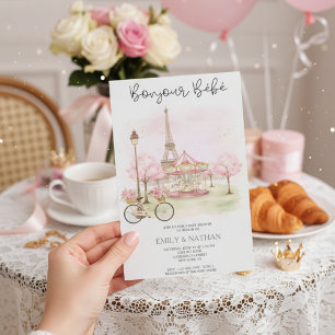 Convites Bonjour Bebe café parisiense rosa meninas da torre