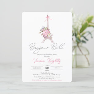 Convites Bonjour Bebe, Chá de fraldas Rosa Floral Eiffel Pa