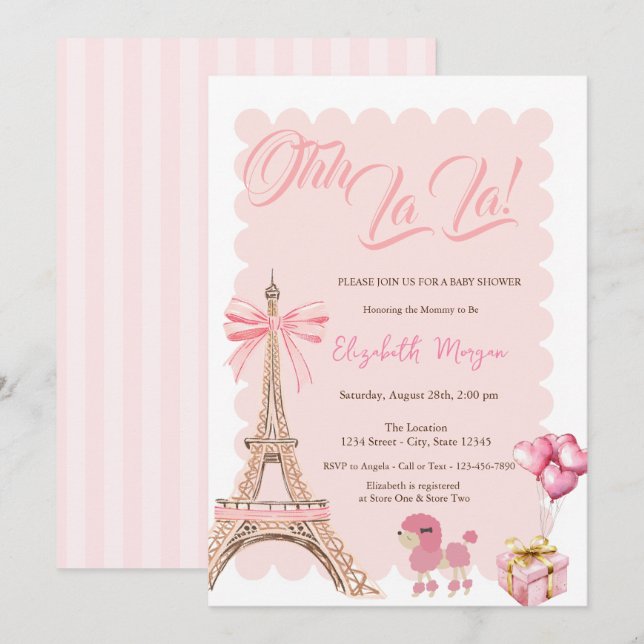 Convites Bonjour Bébé Eiffel Tower Bow Striped Baby Shower (Frente/Verso)