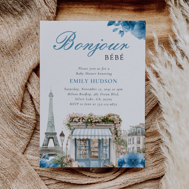 Convites Bonjour Bebe French Blue Baby Shower Invitation (Criador carregado)