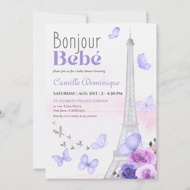 Convites Bonjour Bebé French Eiffel Lavanda Butflies (Frente)