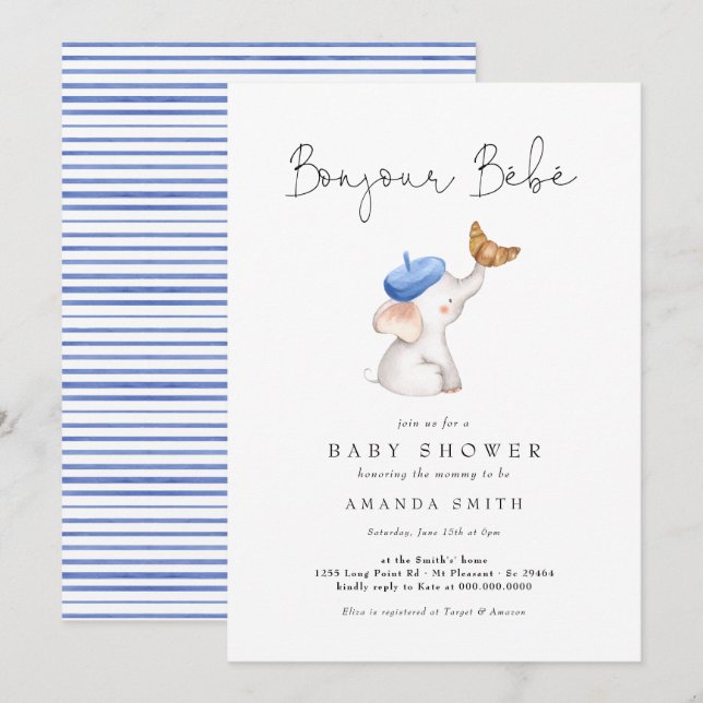Convites Bonjour Bebe French Elephant Baby Boy Blue Chá (Frente/Verso)