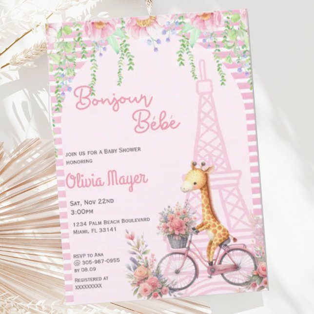 Convites Bonjour Bebe French Paris Pink Giraffe Chá de fral (Criador carregado)
