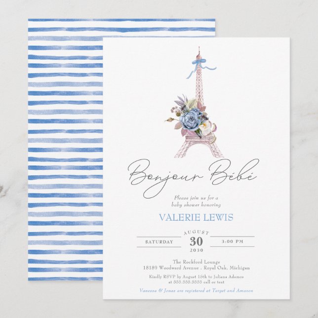 Convites Bonjour Bebe Paris Chá de fraldas francês Blue Eif (Frente/Verso)