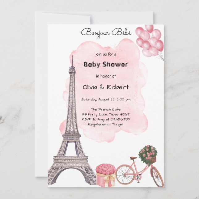 Convites Bonjour Bebê Paris Chuveiro de Bebê Francês Parisi (Frente)