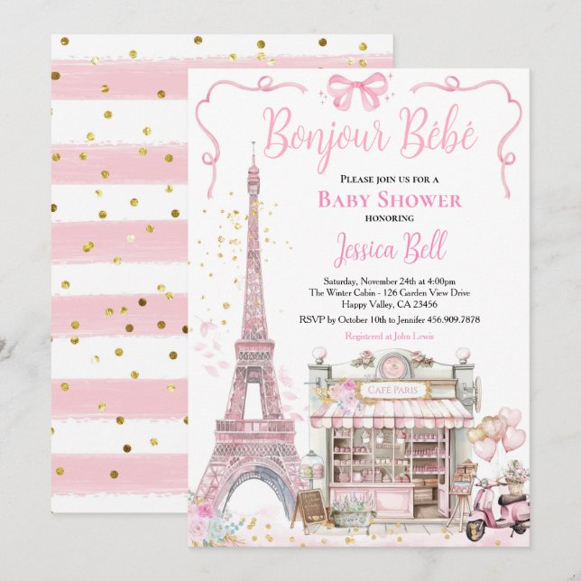 Convites Bonjour Bebe Paris Girl Chá de fraldas Pink Eiffel (Frente/Verso)
