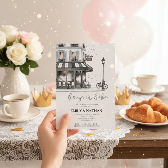 Convites Bonjour Bebe Parisian café pink eiffel tower girls (Criador carregado)
