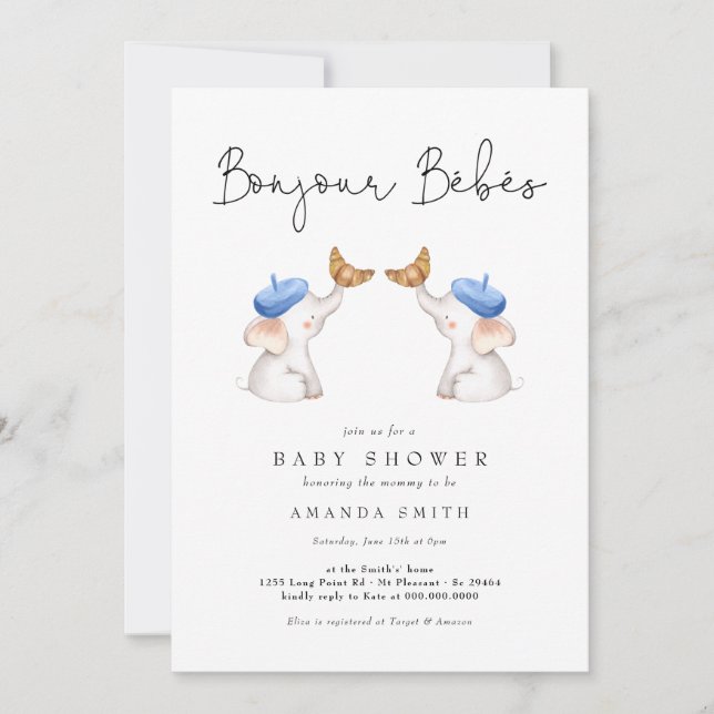 Convites Bonjour Bébés - Chá francês do elefante (Frente)