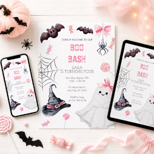 Convites Boo Bash Pink Halloween Aniversário para Meninas