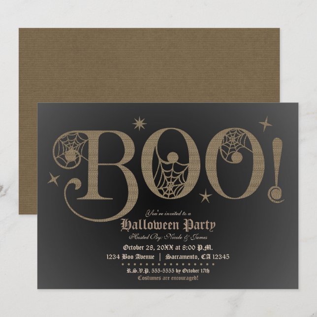 Convites BOO Brown Rustic Elegant Halloween Festa de Figuri (Frente/Verso)