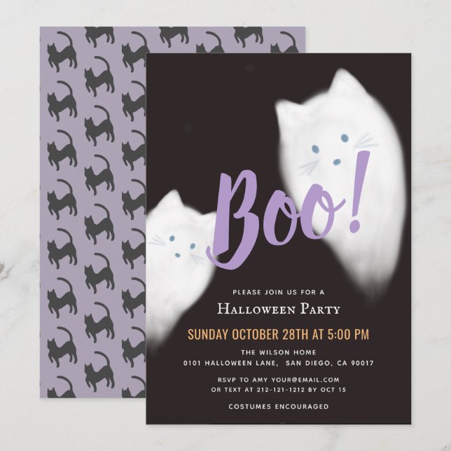 Convites Boo! Ghost Cat Festa de Halloween Roxo (Frente/Verso)