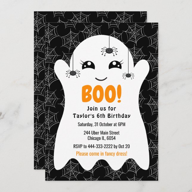 Convites Boo Ghost Halloween Birthday Costume Party Black (Frente/Verso)