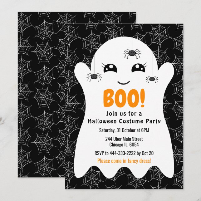 Convites Boo Ghost Halloween Costume Party Black (Frente/Verso)