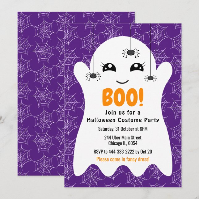 Convites Boo Ghost Halloween Costume Party Purple (Frente/Verso)