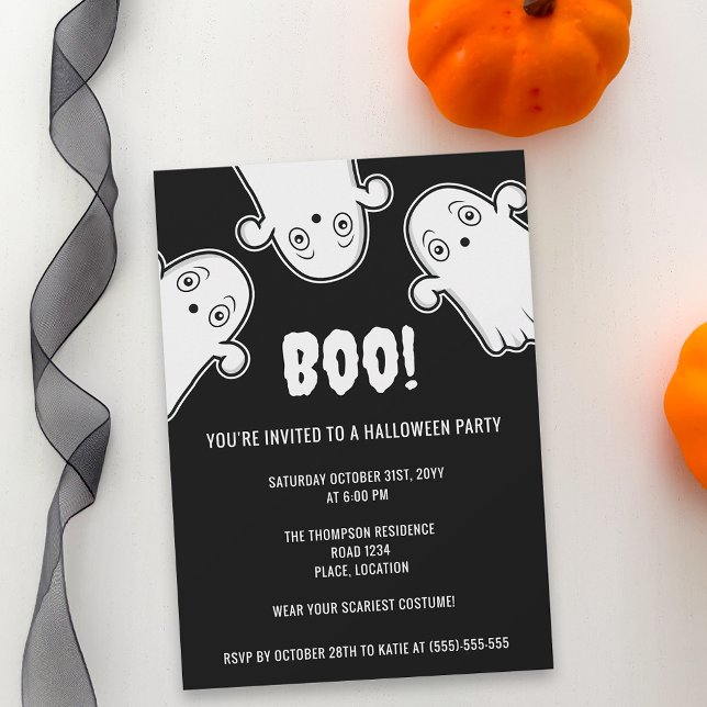 Convites Boo Ghosts Spooky Black White Festa de Halloween (Spooky ghost design for Halloween parties. Personalize the text with the details of your event.)