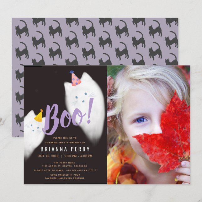 Convites Boo! Halloween Ghost Cat Purple Photo Birthday (Frente/Verso)