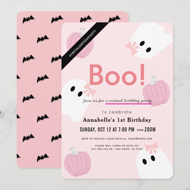 Convites Boo! Halloween Ghost Girl Pink Virtual Birday (Frente/Verso)