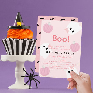 Convites Boo! Halloween Ghost Girl Pumpkin Pink Aniversári