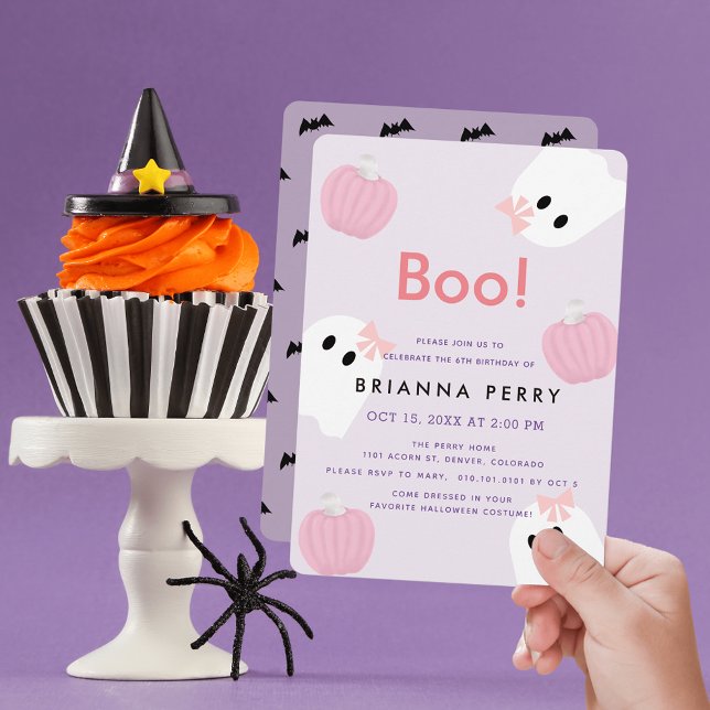 Convites Boo! Halloween Ghost Girl Pumpkin Purple Birday (Criador carregado)