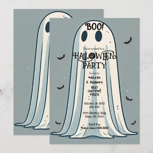 Convites BOO! Lençol Fantasma Vintage Verde Halloween (Frente/Verso)
