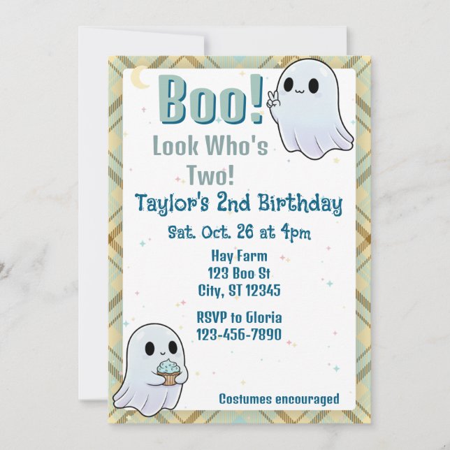 Convites Boo, Look Who's Two, Ghost 2nd Birthday (Frente)