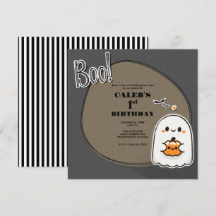 Convites BOO! Pequeno Fantasma Cinza Aniversário de 1 ano d