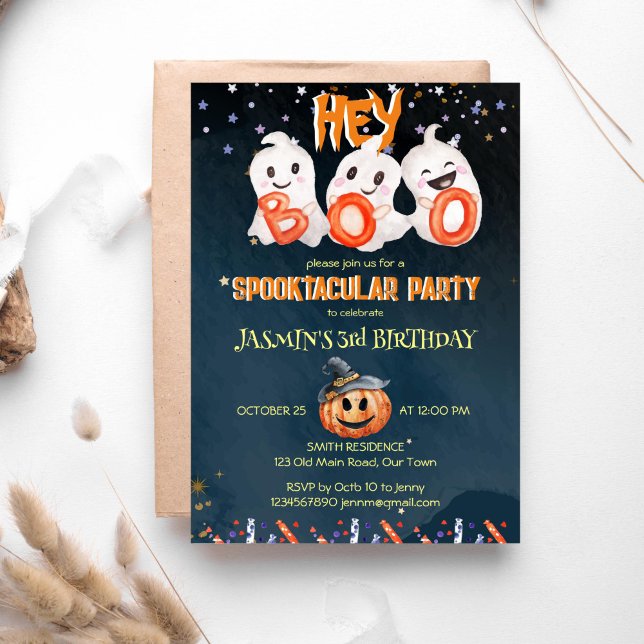 Convites Boo spooktacular modelo de aniversário de Hallowee (Hey boo spooktacular Halloween birthday party invitation template instant download cute ghosts)