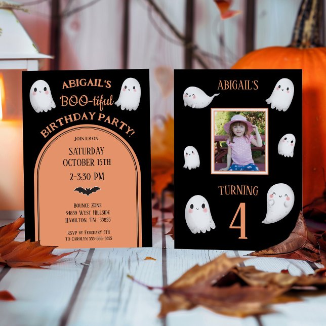Convites BOO-tiful Halloween Girl's Birthday Invitation (Photo Halloween Birthday Party Invitation with Ghosts)