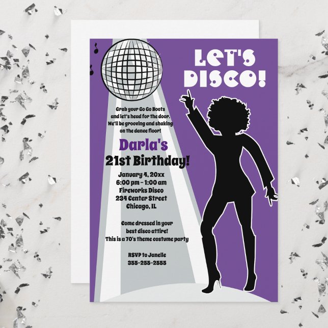 Convites Boogie de Aniversário da Mulher do Partido Disco R (Disco Party Birthday Invitation Purple and Gray)