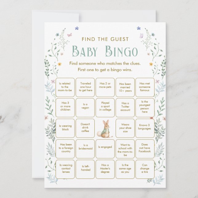 Convites Book Baby Shower Find the Guest Bingo Game Card (Frente)