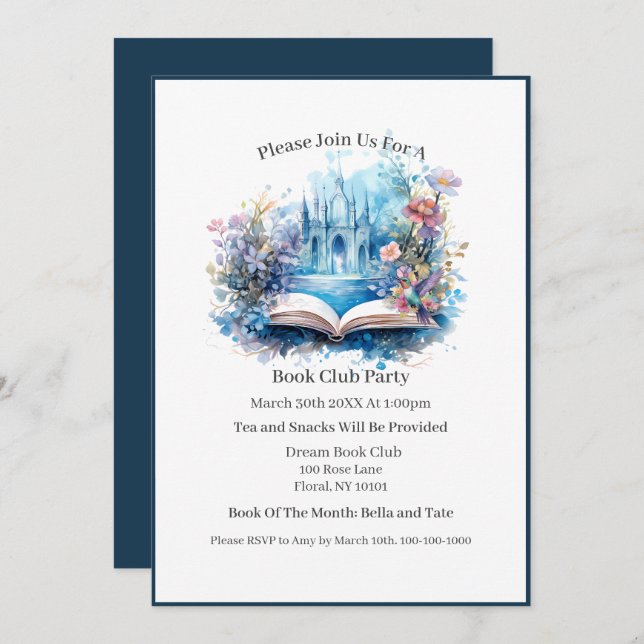 Convites Book Castle Floral Book Club (Frente/Verso)