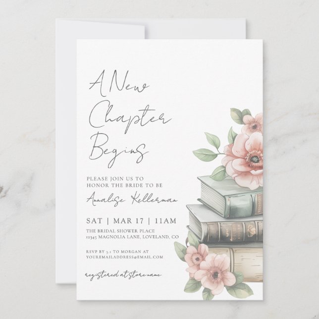 Convites Book New Chapter Floral Bridal Shower (Frente)