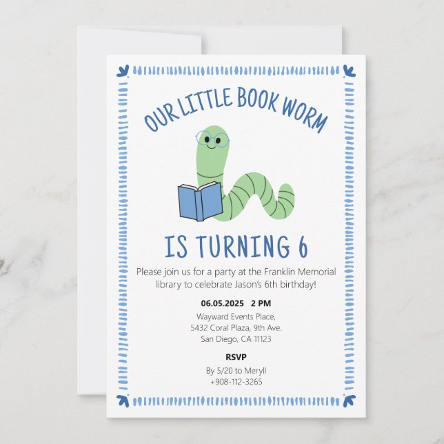 Convites Book Worm Reading Lover Birthday Party Invite (Frente)