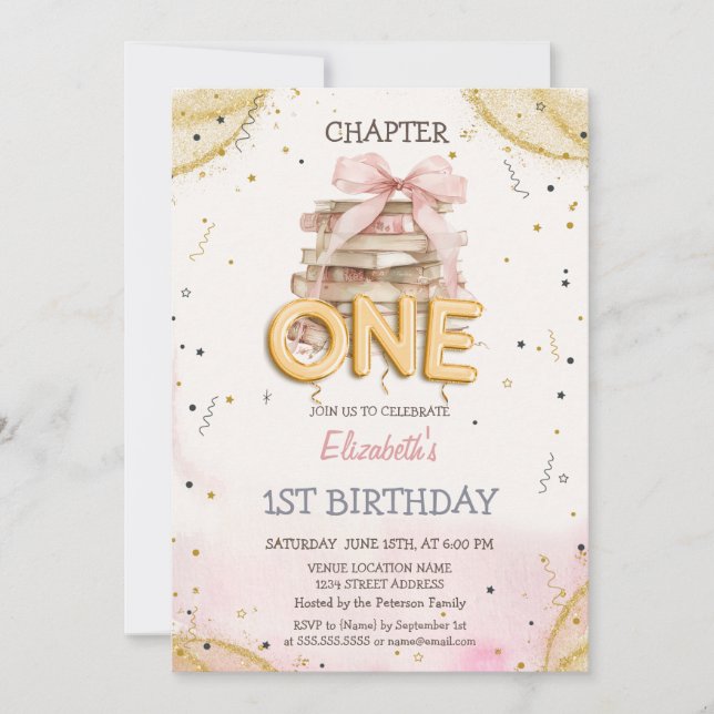 Convites Books Bow Confetti Watercolor 1st Birthday  (Frente)