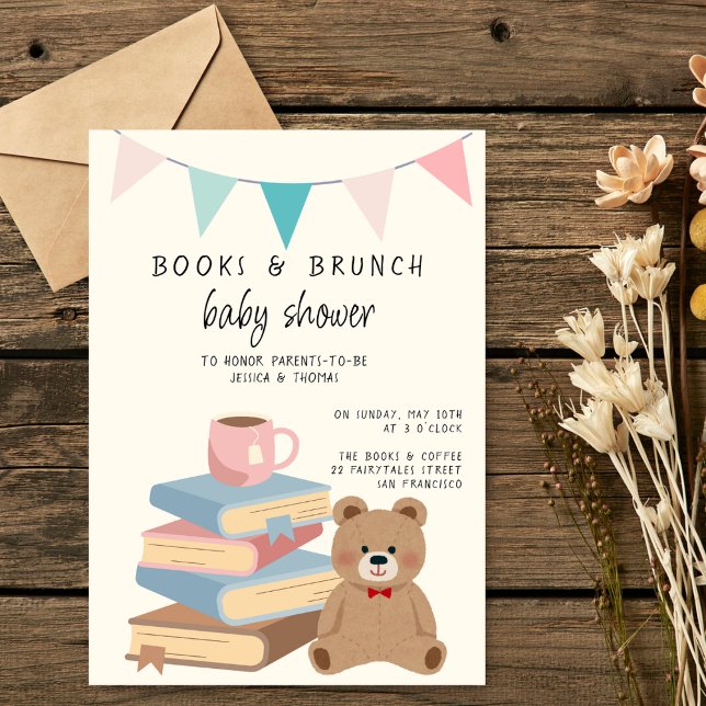 Convites Books & Brunch Neutral Books & Teddy Baby Shower (Criador carregado)
