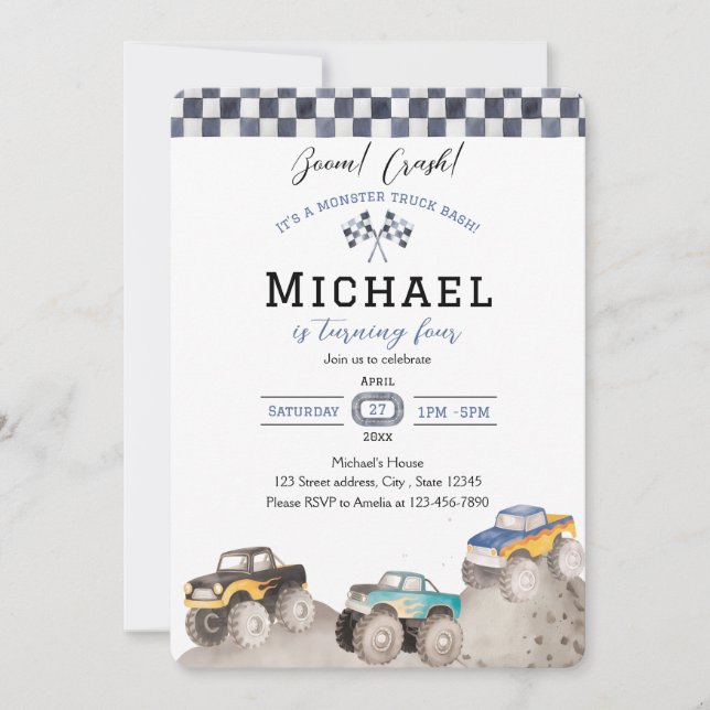 Convites Boom Crash Monster Truck Bash Invite (Frente)