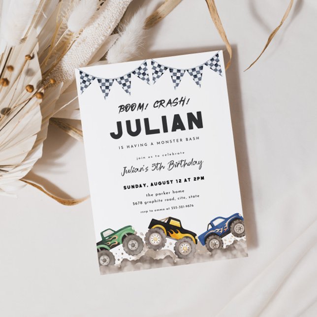 Convites Boom Crash Monster Truck Birthday Invitation (Criador carregado)