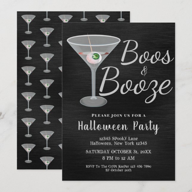 Convites Boos e Booze Cocktail Halloween (Frente/Verso)