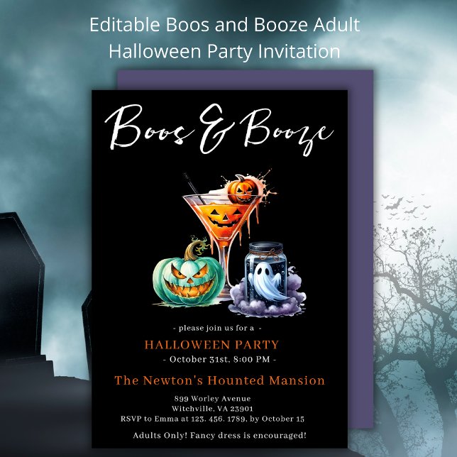 Convites Boos e Booze Coctails Festa de Halloween (Criador carregado)