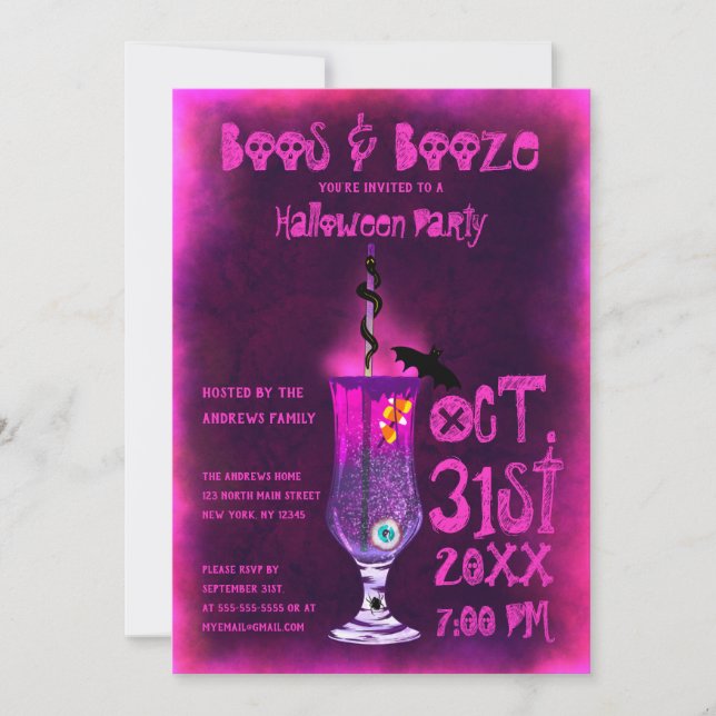Convites Boos e Booze Coquetel Spooktail Bebem Halloween (Frente)