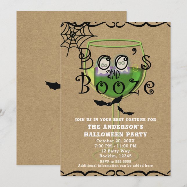 Convites Boos e Booze Fantasmas e Bats Kraft Festa de Hallo (Frente/Verso)
