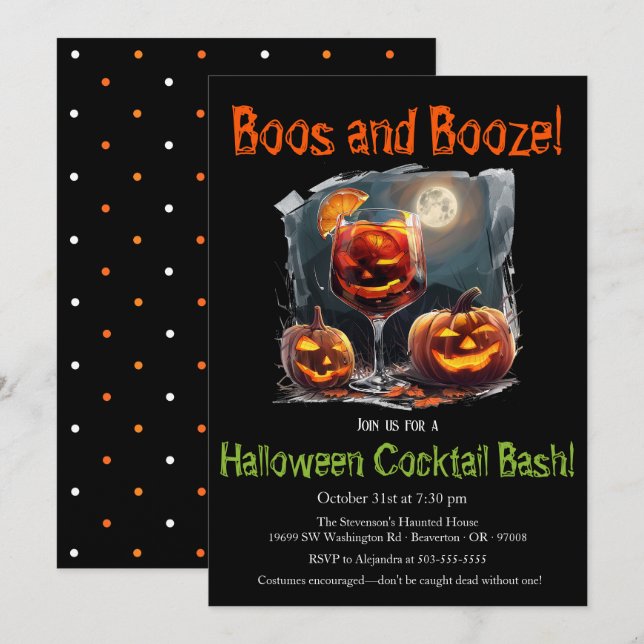 Convites "Boos e Booze" Festa de Coquetel de Halloween (Frente/Verso)